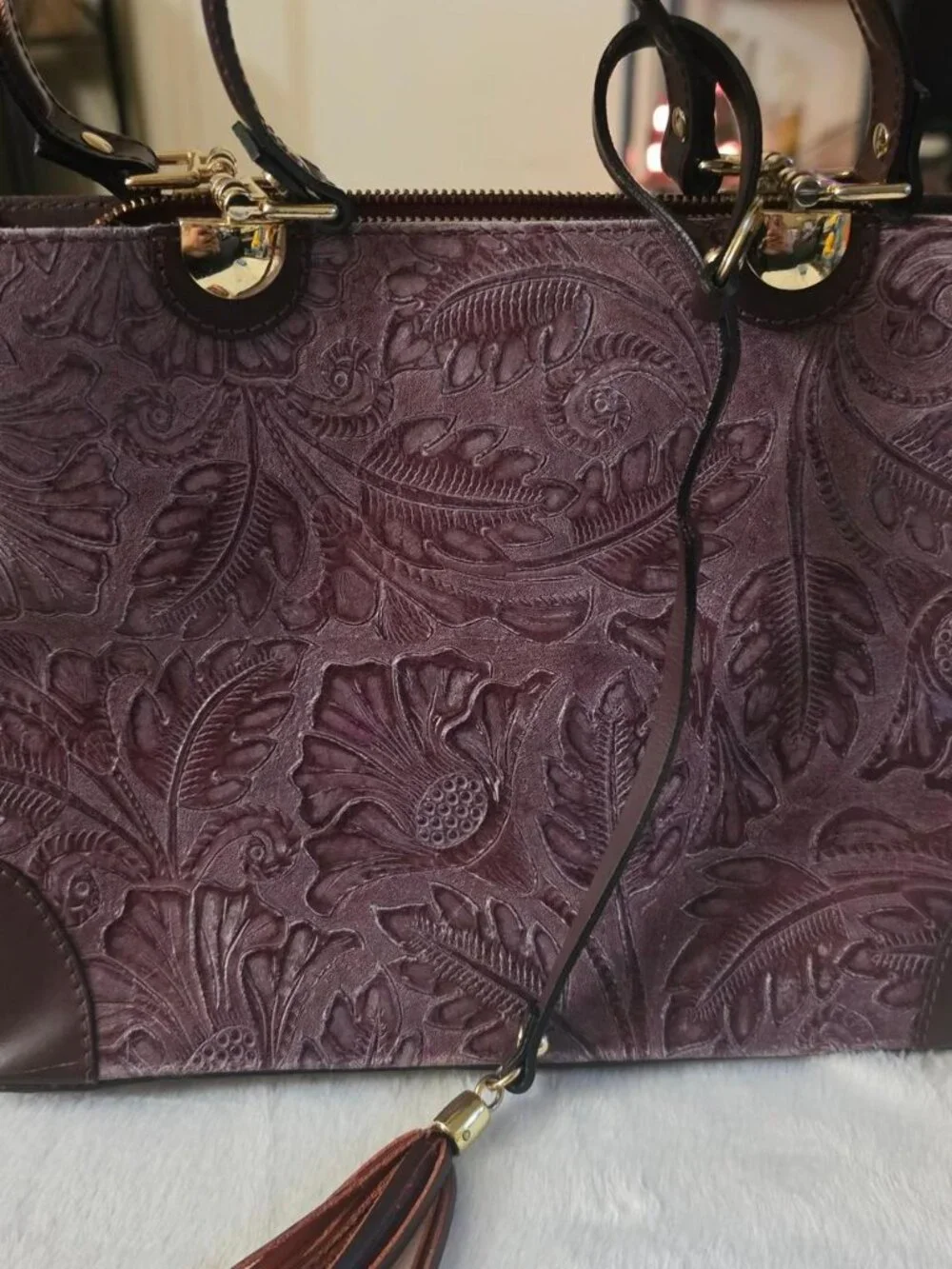 Salina Italian Genuine Leather Hand-Tooled Floral Satchel Bag
